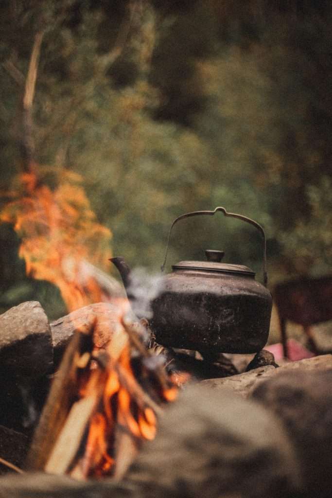 Backwoods Camping kettle on fire